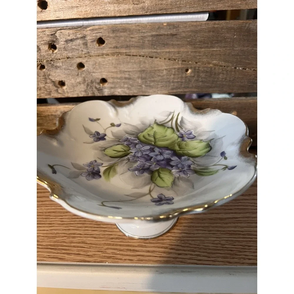 Antique PORCELAIN SMALL FOOTED COMPOTE Violets DECORATION Blue Floral Golden Rim